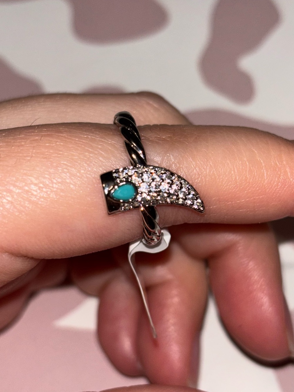 Silver Twisted Band Ring with Turquoise Accent and Crystal Pavé